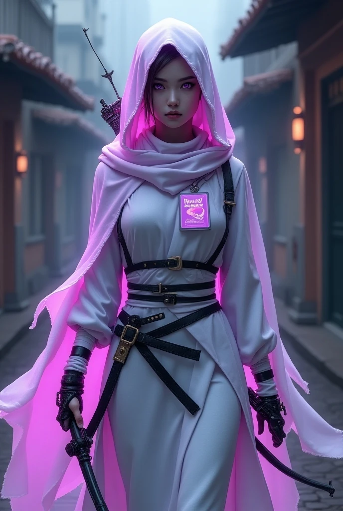 a female named Sabrina like ninja around age 15, Muslim niqabis, mask her face, No hair. wearing tech armor cloak, cloak white combine with purple glowing color. purple eye color, white skin tone. add Mata Dragon at upper left screen, slim body, holding katana, cyberpunk, large size name tag on left breast, add Sabrina on name tag, walking toward camera. she serious, Background at Malaysia