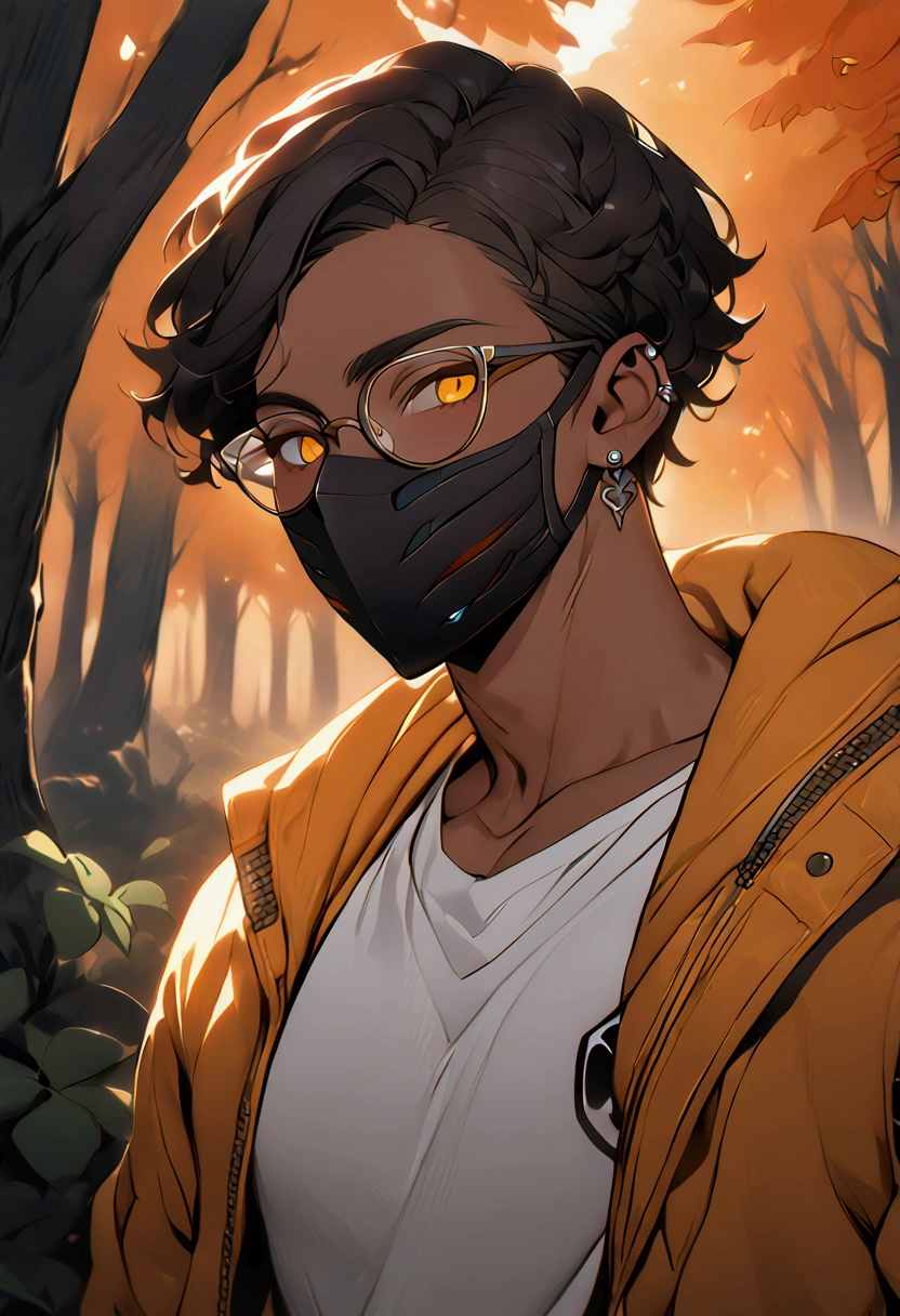 (masterpiece:1.2), (best quality, sfw), (ultra detailed), (8k, 4k, intricate),(closeup-shot:1), (detailed background:1.2, forest background, evening time),((dark skin, handsome eyes, cool facemask))(((black:1.25,yellow:0.75, crimson:0.50))) frizzy hairstyle, black hair with red hairstreaks, faded haircut ((dark yellow eyes with red tint)) an Close up of a handsome male wearing a black mask and glasses, black and yellow themed jacket, silver earrings, ear lobe piercings, white shirt with black clover logo 