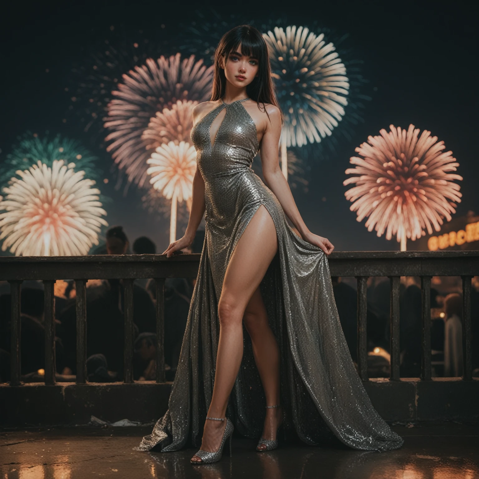 (pre-focus), (Darkness: 1.6), Cinema Lighting, Hyperreality by David Hockney and Alphonse Mucha, Women of Mu, Photoreal, Pale Skin, Dynamic Lighting, Art Station, Posters, Dark Lighting, (((Highly Detailed Face)), Eye Detail, 8K, One Girl, Cool Beautiful Face, High Nose, Female face like in Ghibli, slender, (big: 1.5), shoulder width, long legs, waist wide size, sexy style, waist constriction, (((small triangular face)), natural makeup, beautiful makeup, narrow eyes, pool, night, (((fireworks)), enamel swimsuit, full body shot, (formal wear: 1.4), hair details, hair is up, brown hair, background bokeh, ( super low angle), frontal shot, small smile, standing shoulder-width apart legs, various poses, arms crossed under chest, ((positive face)), face does not collapse
