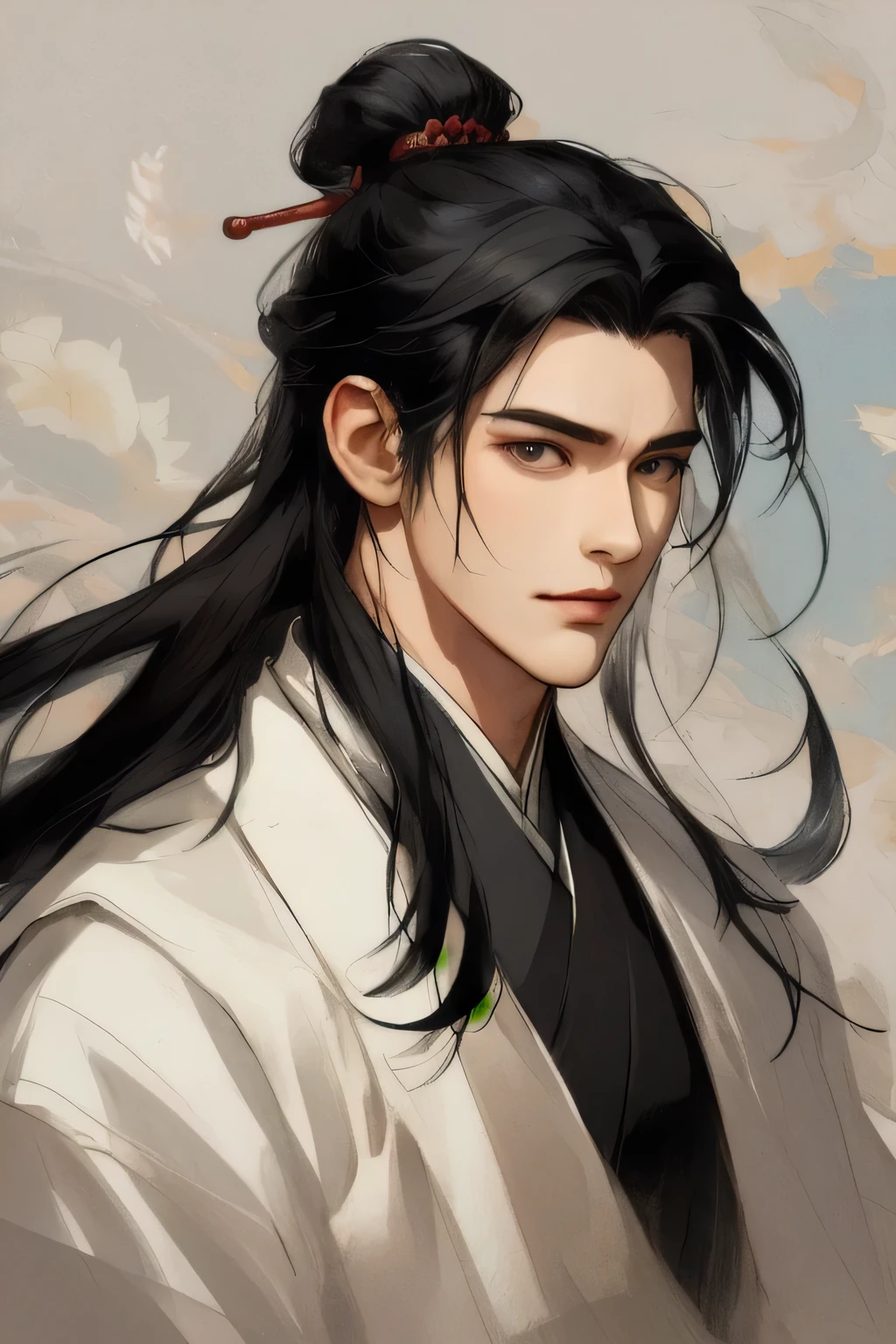handsome guy,Quiet and peaceful,A faint smile,Chinese clothing and accessories,Black Hair,Perfect face