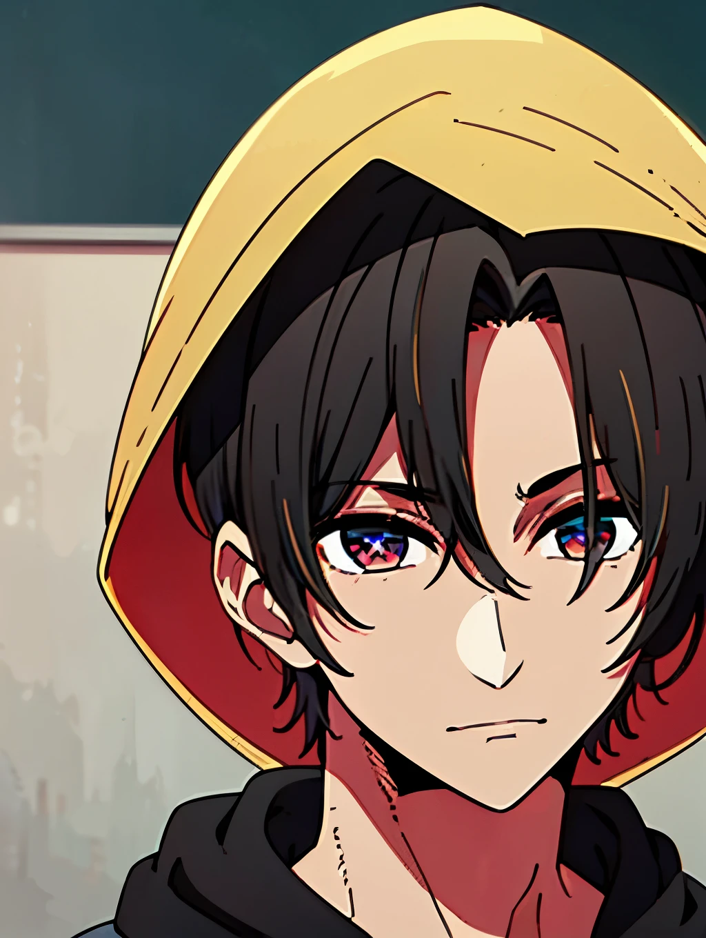 masterpiece,  Best quality ,  incredible shading , beautiful illustration , close-up, portrait, Alone, Handsome young man, Sensual,  toned Black hair ,  red eyes ,  with a star in his right eye he is dressed in a black hoodie 