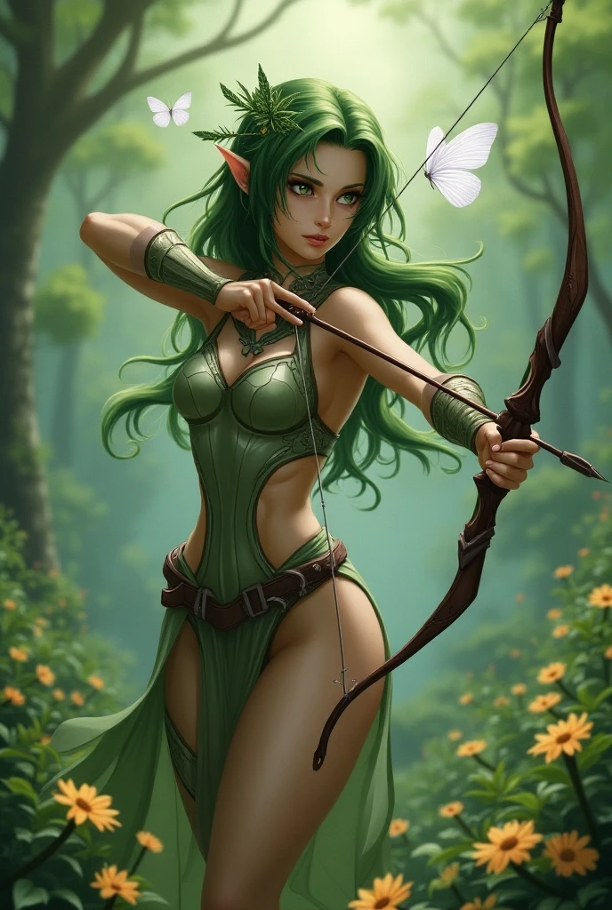 A beautiful young woman (Mila Kunis 25) with piercing eyes, delicate features, and waist length flowing dark hair with colorful flowers braided in, playing an elf in a naturalistic forest setting, wearing a fig leaf bikini and wielding a handcrafted bow and crude natural arrows, firing at goblin-shaped targets hanging from the trees, masterpiece, ultra-detailed, hyper-realistic, dramatic lighting, vivid colors, cinematic composition
