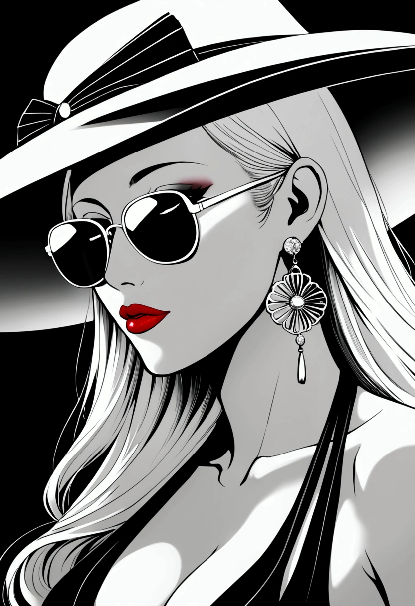 1girl, sunglasses, solo, hat, lipstick, red lips, long hair, dress, plunging neckline, makeup, monochrome, white background, earrings, cleavage, jewelry, upper body, spot color, hair over shoulder,dark theme,shiny,shiny skin,milf,(mature female:1.2), 
