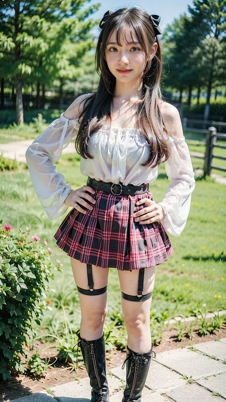 (8k、RAW photo、Best Quality、masterpiece:1.2)、(Realistic、Realistic)、1 person、(( pink dress、 Off Shoulder、 garter belt 、belt with bow、 see-through 、 plaid mini skirt 、 big breasts at the temple、 medium hair、Black boots、smile、Thin legs、garden、whole body、 standing with hands on hips )、cute