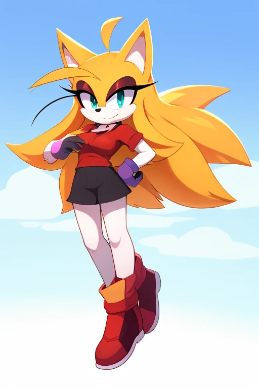 Female, Mobian, Rabbit, Cream the Rabbit, sonic the hedgehog \(series\), rabbit girl, ((solo)), ((1girl)), ((hairstyles, long wavy hair with side bangs)), (eyes open), serious, young adult, average sized breasts, hair on top of shoulders, long peach hair color that’s is wavy, wearing a blue anime styled scarf, wearing a red one piece, knee length tights, black boots, white gloves, (((2D Anime Style))), in a fighting pose