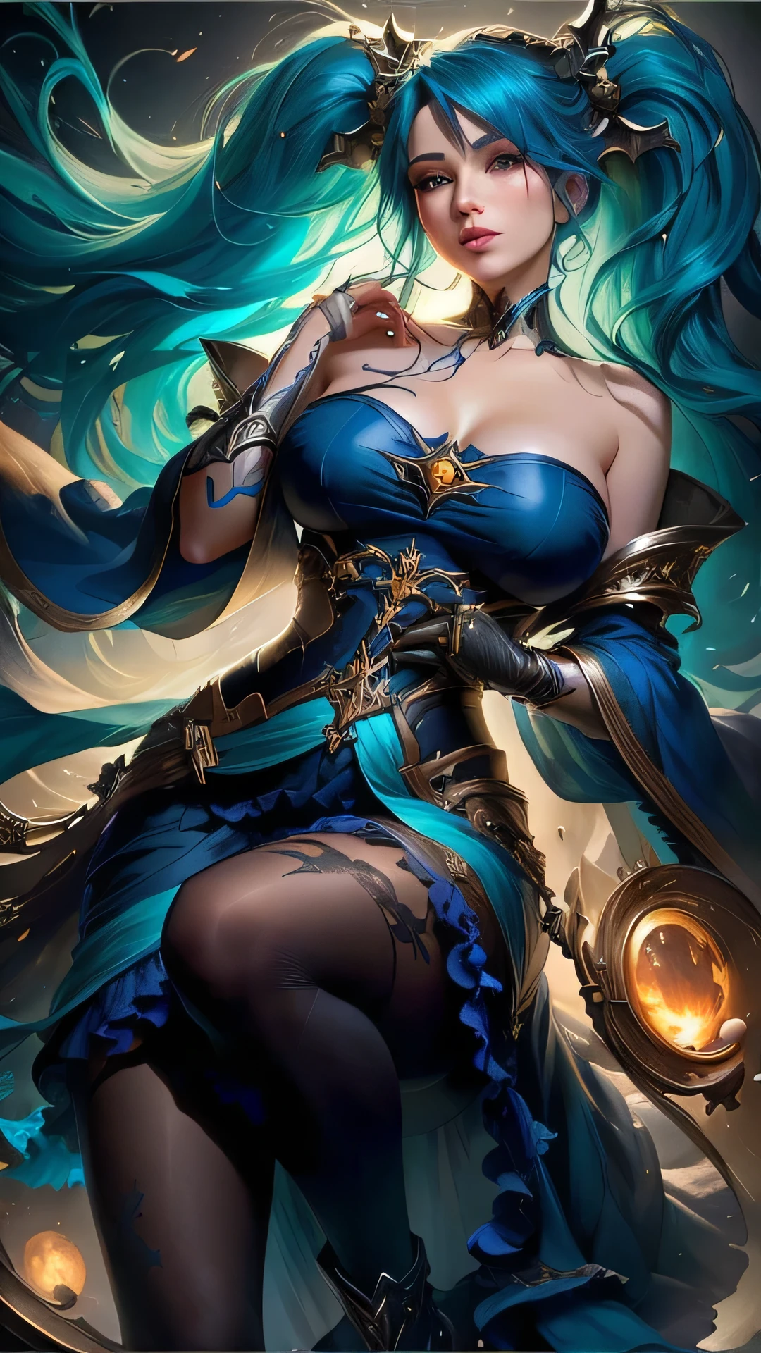(On the table, Highest quality, Best quality at best, offcial art, Beautiful and beautiful:1.2), (1 woman in:1.3), long light blue hair, (high ponytail hair), (slicked back hair:1.2), very detailed green eyes, pouty red lips, huge breasts, The is very detailed,(s fractal art:1.2),Colorful,highest details,(Tangled:1.2), (dynamicposes), (abstract backgrounds:1.5), (Congressional dress:1.2), (Glossy glossy skin), (Lots of colors:1.4), The upper part of the body, Tulle cloth, Off-the-shoulder style, blooming flower field, Glowing skin, light laughter, Camel toes, sexy for, Broken, nakeness,from below,Get your butt up and wait.