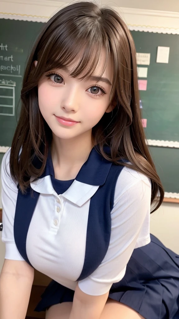 ​masterpiece、top-quality、超A high resolution、(photographrealistic:1.4)、((1girl in、White fair skin:1.4、sitting at the desk、From  above、looking at the viewers、Cowboy Shot、spotless、cute little、The long-haired、A dark-haired、Light Brown Fringe Hair、Braided hair、disheveled hair、Light brown eyes、、short hair with bangs、bursting milk in the same way))、(School Uniforms:1.5), (wearing a beige knitted sweater over a white shirt,,,,,,,,,,,,,,,,:1.5), (Red bow:1.3), (Plaid pleated skirt:1.3),(A smile)、High detailed eyes、(((‎Classroom)))、long neck、(((short hair with bangs)))、Lashes、(((natural soft light、gazing at viewer、Entice your audience、爆乳、Highlights in the eyes)))、[(Hassleblad H6D-400c)], [(Medium format image)],[(dream-like)],[(400 mega pixels)], (Photorealsitic:1.4), (Raw photography:1.2), (8K), (​masterpiece:1.3), (realisitic), (A hyper-realistic), ultra-detailliert, illustratio, very_high_Realistic:1.5 ,very_high_resolution:1.5, nffsw, nffsw, Unity, 8K Picture Wallpaper, astonishing、finely detail, Official art, Highly detailed ticker Unity 8k wallpaper, (top-quality), incredibly absurdness, ultra-detailliert, Light on the Face, cinematric light, 电影灯光, Professonal lighting、photon maping、Radio City、physically-based renderingt、solofocus、foco nítido、 hight resolution、ighly detailed、extremely delicate and beautiful、intricate detailes、face muscles、a beautiful detailed girl、Natural makeup、extra detailed face、looking at away、(爆乳:1.55)、(Emphasis on the chest:1.3)、(Emphasis on the thighs:1.5)、(The skirt is flipped up.:1.5)