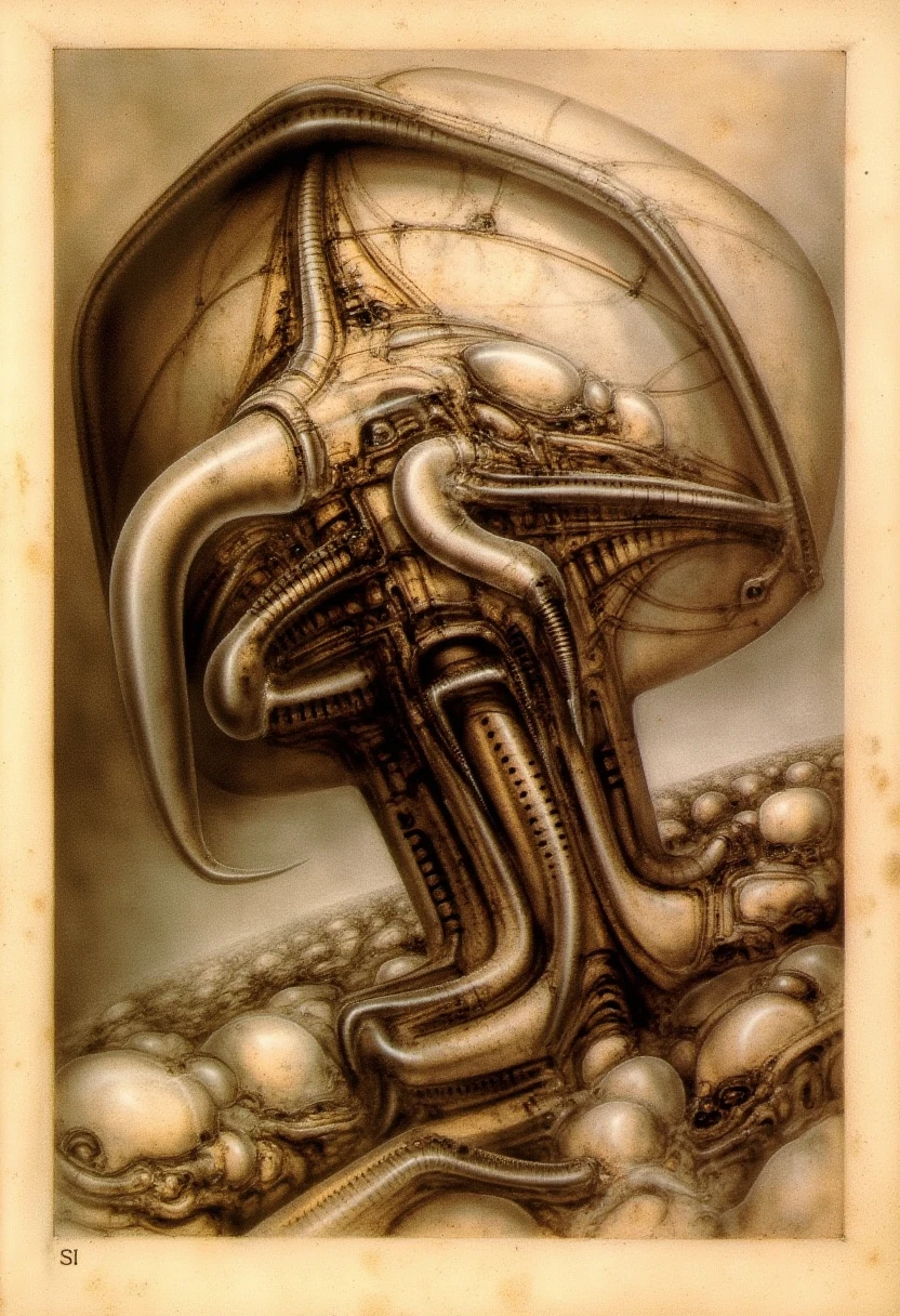 H. R. Giger's g1g3r, , Giger_style,  , The image is a detailed view of H.R. Giger's \" Alien III  \" plate, featuring HRGGR, H.R. GIGER.  g1g3r 3t3rn1ty dark alien architecture machine (best quality:1.4). This is a sepia tone photograph of derelict spaceship's side. . The ship has a large hull and is adorned with various patterns and designs. (Isometric positioning:1.4)
, (Triadic:1.1), (Proportion:1.1),  , (Reflected light:1.2), Parchment, , ultra detailed, intricate,, dry b (best quality:1.4), H.R. GIGER,  BY GIGER