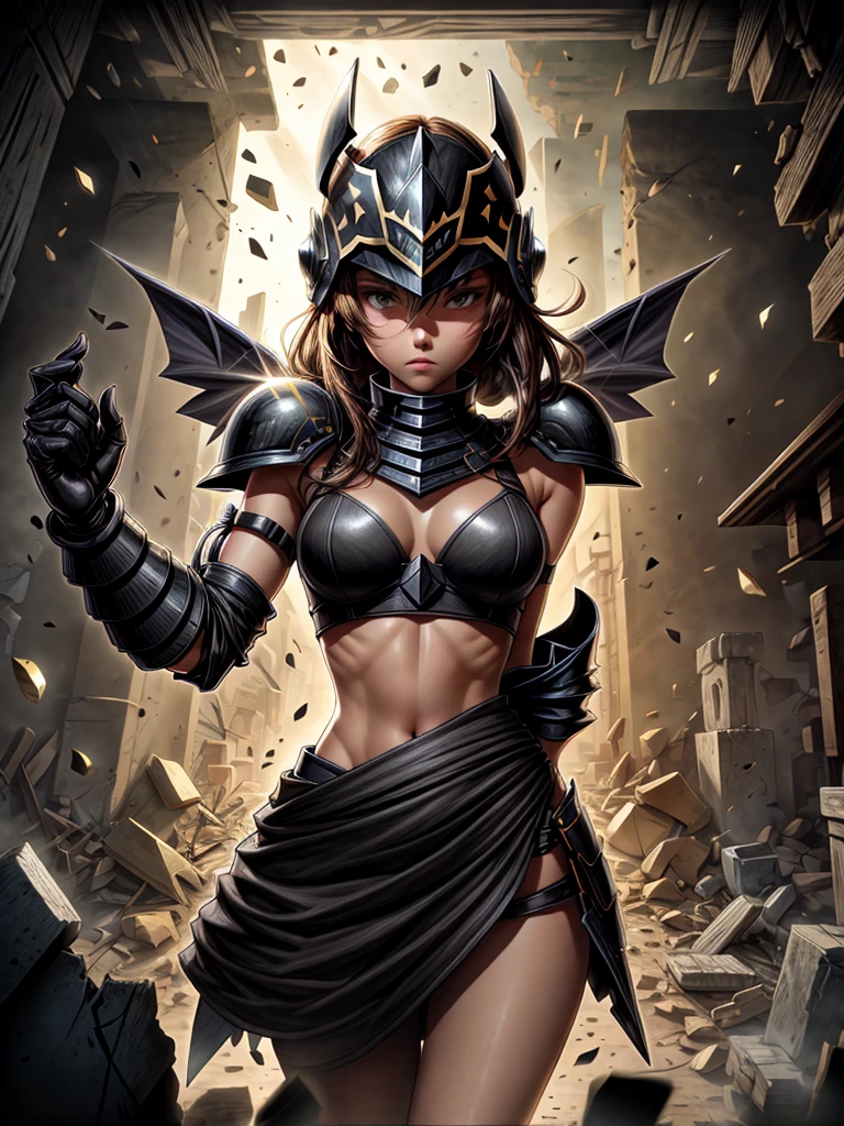 Detailed 8k women's paladin helmet and mask with large iron shrapnel wings all black attack mode(from the waist up) Inside the ruins