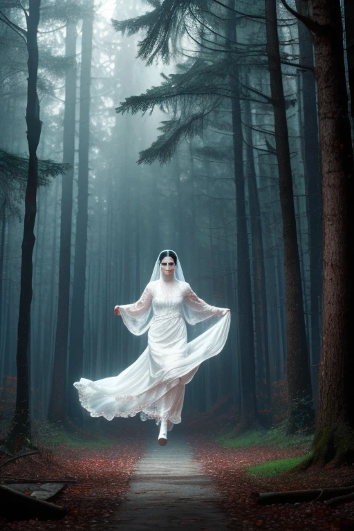 a transparent spooky ghost of woman wearing white with blood stain on the fabric, no legs, no feet, floating on air, flying far away in a haunted forest, ethereal, misty, glowing, long black hair, pale white skin, surrounded by wispy fog, moonlight shining through the trees, moody atmosphere, dark forest, mysterious, (best quality,8k,highres,masterpiece:1.2), ultra-detailed,photorealistic,photo-realistic:1.37,dramatic lighting,cinematic, film still in 1989