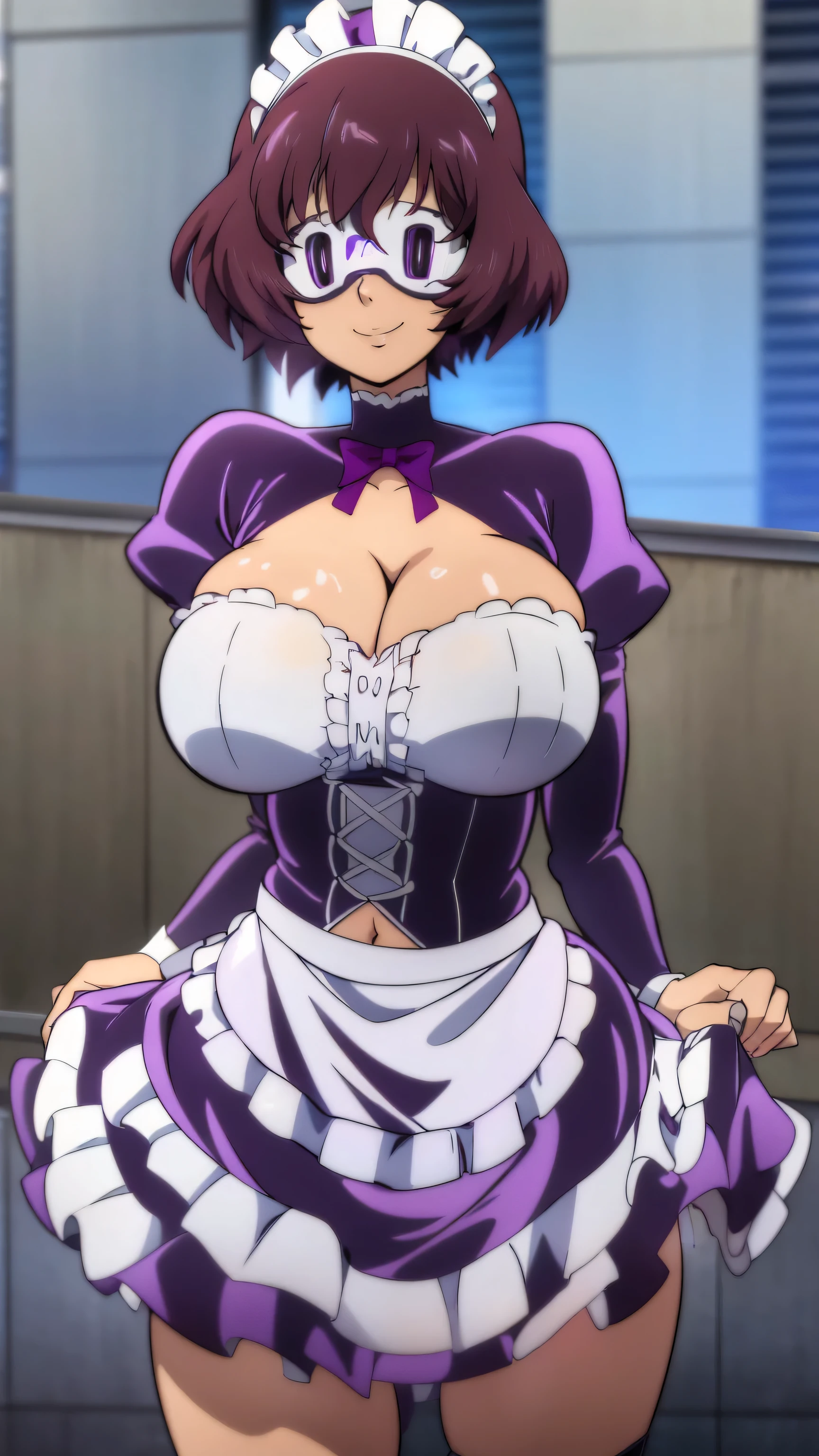 A happy maid woman beautiful big breasts beautiful sexy cute attractive big dark brown hair disheveled cut her light yellow eye big eyelashes dresses purple maid top shows her navel and dresses maid skirt metallic purple She looks at box a white mask smiling sex love relationship uterus penis