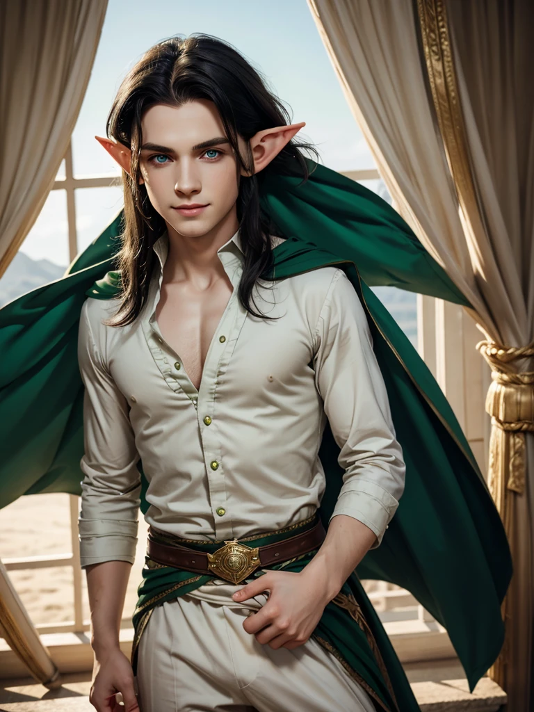 (best quality), 1boy, male, pale skin, black hair, medium hair, curtain hair, tousled hair, green eyes, perfect eyes, dark circles under eyes, light smile, (elf), pointed ears, fantasy clothes, masterpiece, anatomically correct, highres
