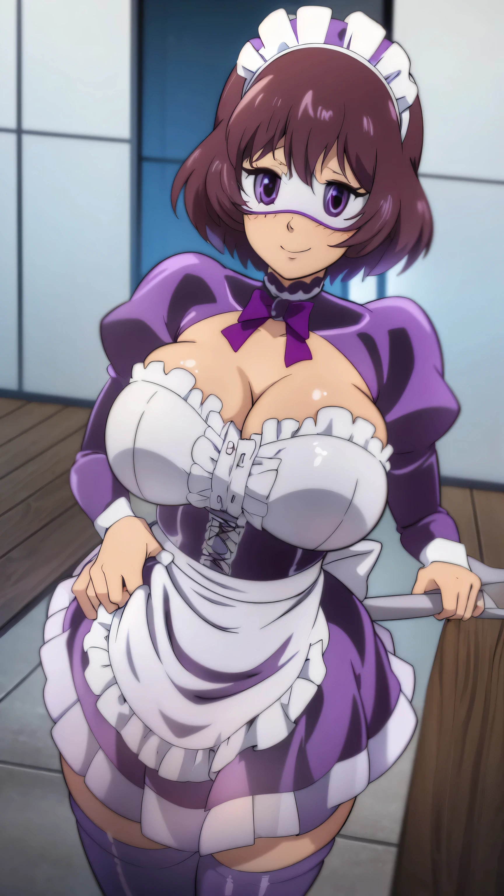 A happy maid woman beautiful big breasts beautiful sexy cute attractive big dark brown hair disheveled cut her light yellow eye big eyelashes dresses purple maid top shows her navel and dresses maid skirt metallic purple She looks at box a white mask smiling sex love relationship uterus penis