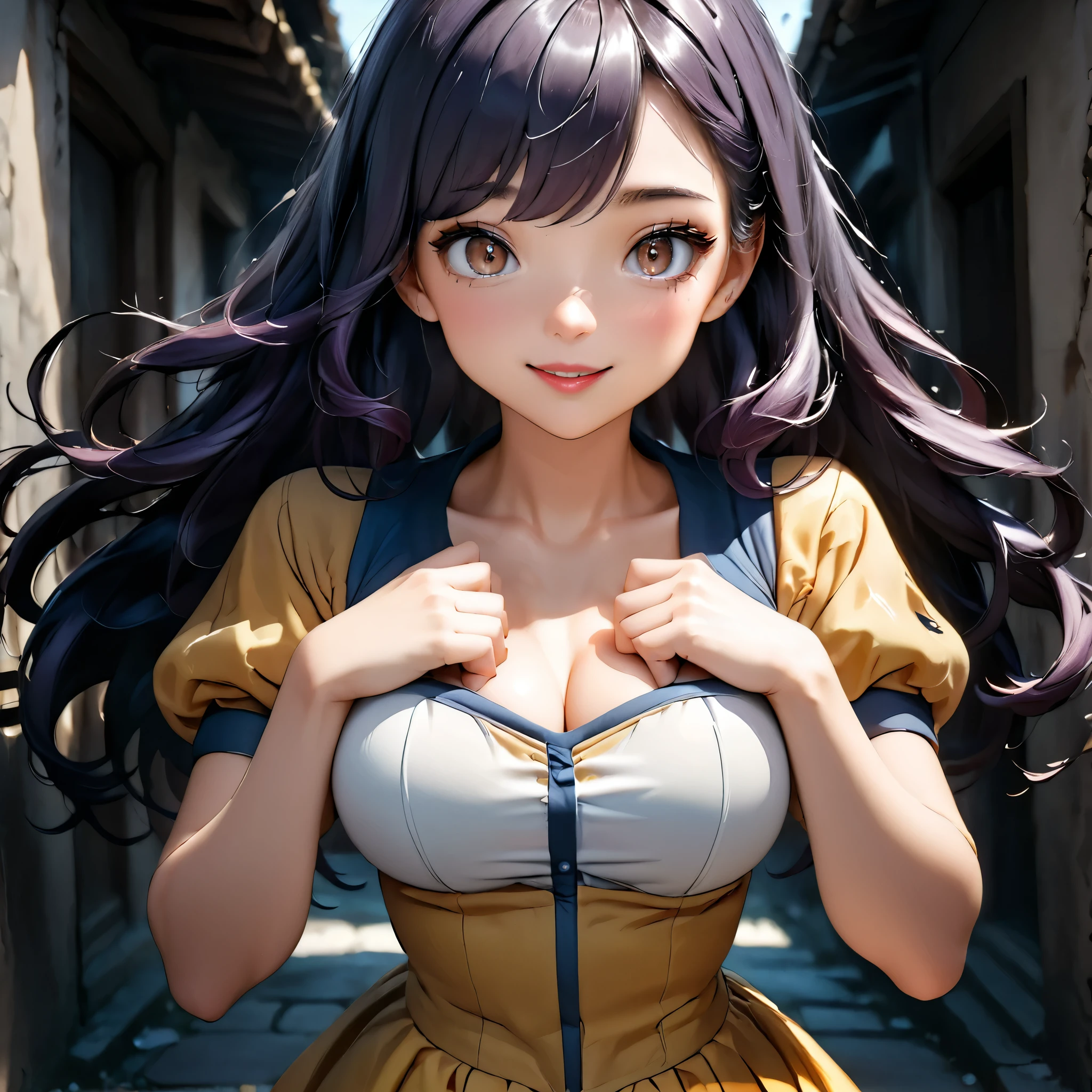 Masterpiece, 4K, HDR, full HD, (best quality), (ultra detailed), (only), intricate ANIME TYPE, best quality, 1girl, ((deep purple hair)) , hyper beautiful face, perfect anatomy, shiny skin, full body, alone, long hair, looking at viewer, perfect hands, perfect legs, super detailed clothes, intricate clothes, hyper detailed cloths, super detailed face, super detailed skin, super detailed quality, expressive eyes, brown eyes, super detailed eyes, JK, epngekatsuragimisato ,  SDXL Illustration Design Pretty Girl Two-dimensional Pretty Girl Digital Painting Comic Ukiyo-e Watercolor Manga Other,ROUGH, smile, blushing, dynamic pose, American shot, cowboy shot, portrait quality, super detailed hands, super detailed fingers, very beautiful fingers, very beautiful hands, The image created is 3/4 of the body, bright red lipstick, standing facing the viewer, stylized fingers, detailed female fingers, standing in front of the viewer, leaning towards the viewer in a sensual way, V-neckline, SnowWhiteXLP, puffy sleeves, dress, yellow skirt, corset, 