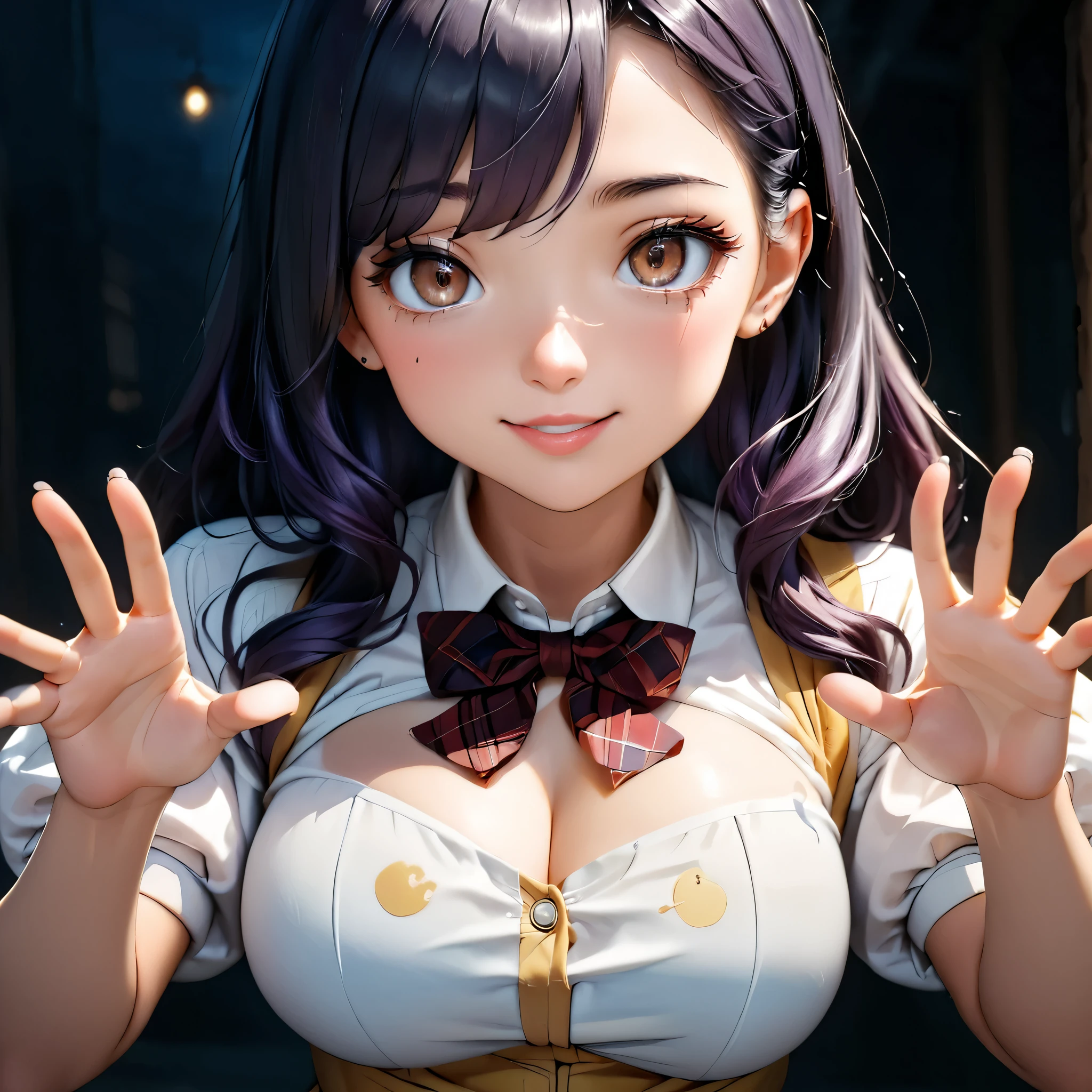 Masterpiece, 4K, HDR, full HD, (best quality), (ultra detailed), (only), intricate ANIME TYPE, best quality, 1girl, ((deep purple hair)) , hyper beautiful face, perfect anatomy, shiny skin, full body, alone, long hair, looking at viewer, perfect hands, perfect legs, super detailed clothes, intricate clothes, hyper detailed cloths, super detailed face, super detailed skin, super detailed quality, expressive eyes, brown eyes, super detailed eyes, JK, epngekatsuragimisato ,  SDXL Illustration Design Pretty Girl Two-dimensional Pretty Girl Digital Painting Comic Ukiyo-e Watercolor Manga Other,ROUGH, smile, blushing, dynamic pose, American shot, cowboy shot, portrait quality, super detailed hands, super detailed fingers, very beautiful fingers, very beautiful hands, The image created is 3/4 of the body, bright red lipstick, standing facing the viewer, stylized fingers, detailed female fingers, standing in front of the viewer, leaning towards the viewer in a sensual way, V-neckline, SnowWhiteXLP, puffy sleeves, dress, yellow skirt, corset, 