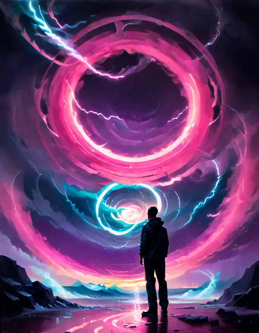 Chad is standing in front of a large piece of abstract art. The art is titled "In the Loop:0.0". The piece features several interconnected rings or loops painted in bright, inviting colors. The colors are predominantly pink. Chad is looking at the art with a sense of awe and wonder. In the distance, there is a storm brewing, with dark clouds and lightning flashes. The storm adds a sense of drama and intensity to the scene.