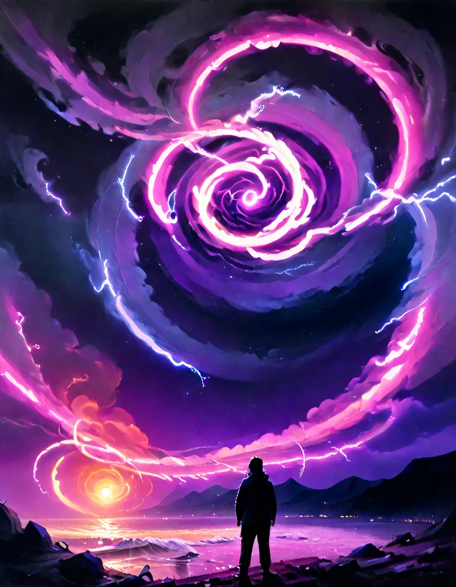 Chad is standing in front of a large piece of abstract art. The art is titled "In the Loop:0.0". The piece features several interconnected rings or loops painted in bright, inviting colors. The colors are predominantly pink. Chad is looking at the art with a sense of awe and wonder. In the distance, there is a storm brewing, with dark clouds and lightning flashes. The storm adds a sense of drama and intensity to the scene.