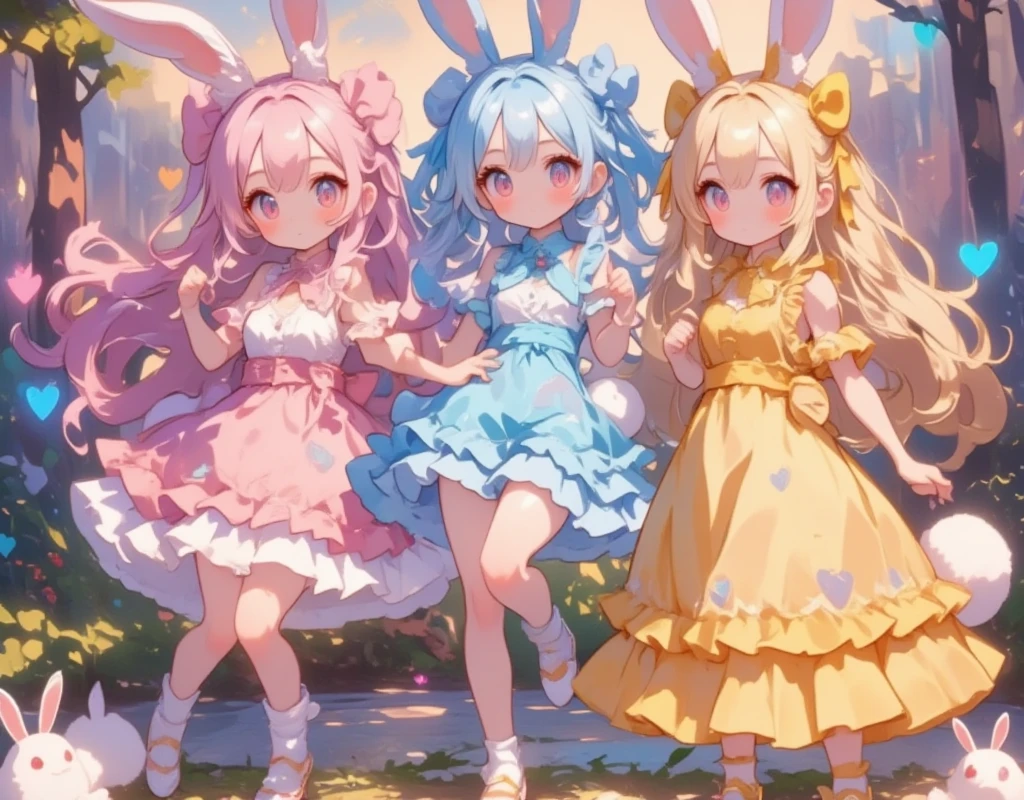 Three Girls\(cute,cute, とってもcute, Pink Hair,  blue hair  , Blonde, ,  very long hair  ,bangs,\( fluffy white rabbit- \), bunny tail, red eyes, Big Eye,  beautiful sparkling eyes  ,White skin,Big hair ribbon,  pink ruffle dress  ,  Blue Frilled Dress  , yellow ruffle dress  , Chest,full body\),  background with lots of heart marks \( stand side by side and pull out your right leg :1.5\Put on heels :1.5\ place your hands on your hips:1.5, Bend your waist to the side)