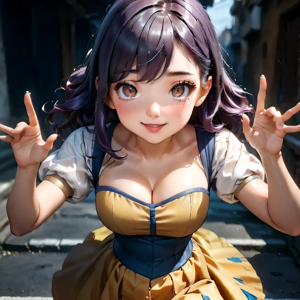 Masterpiece, 4K, HDR, full HD, (best quality), (ultra detailed), (only), intricate ANIME TYPE, best quality, 1girl, ((deep purple hair)) , hyper beautiful face, perfect anatomy, shiny skin, full body, alone, long hair, looking at viewer, perfect hands, perfect legs, super detailed clothes, intricate clothes, hyper detailed cloths, super detailed face, super detailed skin, super detailed quality, expressive eyes, brown eyes, super detailed eyes, JK, epngekatsuragimisato ,  SDXL Illustration Design Pretty Girl Two-dimensional Pretty Girl Digital Painting Comic Ukiyo-e Watercolor Manga Other,ROUGH, smile, blushing, dynamic pose, American shot, cowboy shot, portrait quality, super detailed hands, super detailed fingers, very beautiful fingers, very beautiful hands, The image created is 3/4 of the body, bright red lipstick, standing facing the viewer, stylized fingers, detailed female fingers, standing in front of the viewer, leaning towards the viewer in a sensual way, V-neckline, SnowWhiteXLP, puffy sleeves, dress, yellow skirt, corset, 