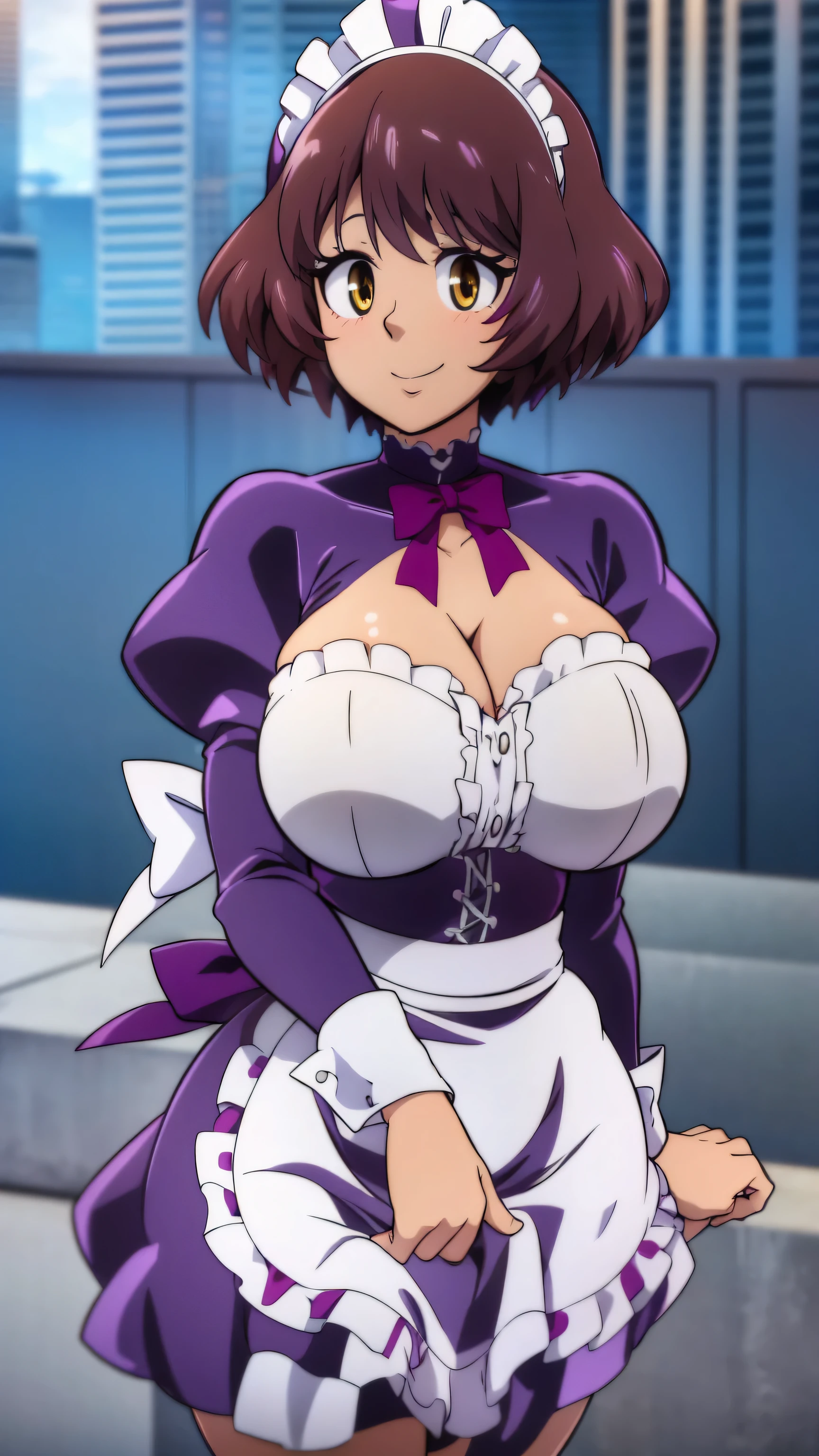 A happy maid woman beautiful big breasts beautiful sexy cute attractive big dark brown hair disheveled cut her light yellow eye big eyelashes dresses purple maid top shows her navel and dresses metallic purple maid skirt She looks at box a white mask smiling