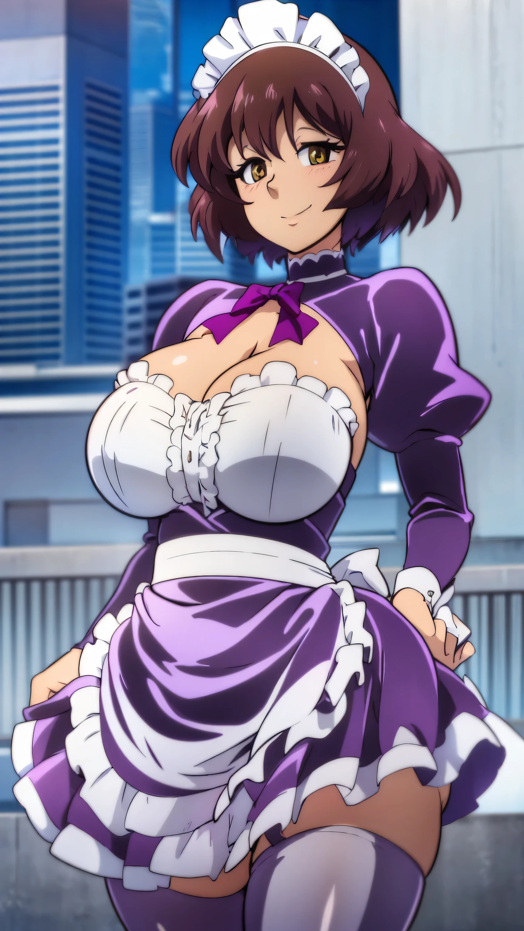 A happy maid woman beautiful big breasts beautiful sexy cute attractive big dark brown hair disheveled cut her light yellow eye big eyelashes dresses purple maid top shows her navel and dresses metallic purple maid skirt She looks at box a white mask smiling