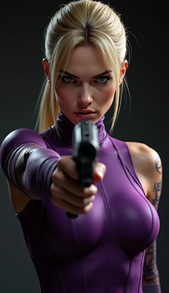Imagine Olivia Dunne as an video game character, Olivia Dunne as an Fortnight character, beautiful 20 year old woman, High-quality facial research of Olivia Dunne, High-quality detailed research of Olivia Dunne's figure, small breasts, brown eyes, dirty blonde hair, long hair, ponytail styled hair, tan-olive skin. ((aiming at the viewer with a gun)), purple leotard, high-tech goggles, boots, two pistols, ((holding a pink handgun)), (((decent looking gun)))). Whole body, Casual pose, Beautiful pose, (Extremely detailed CG 8k wallpaper), (Extremely delicate and beautiful), (Masterpiece), (Best quality: 1.0), (Ultra-high resolution: 1.0), Beautiful lighting, Perfect lighting, Realistic shadows, [high resolution], Detailed skin, Super detailed (((Colorful))), Digital art, Fortnight concept art, full body concept art, Expert concept art with high detail, concept-art, third person shooter game concept art, concept-art, Ben Shafer style, Video game concept art, 4K, full body portrait
