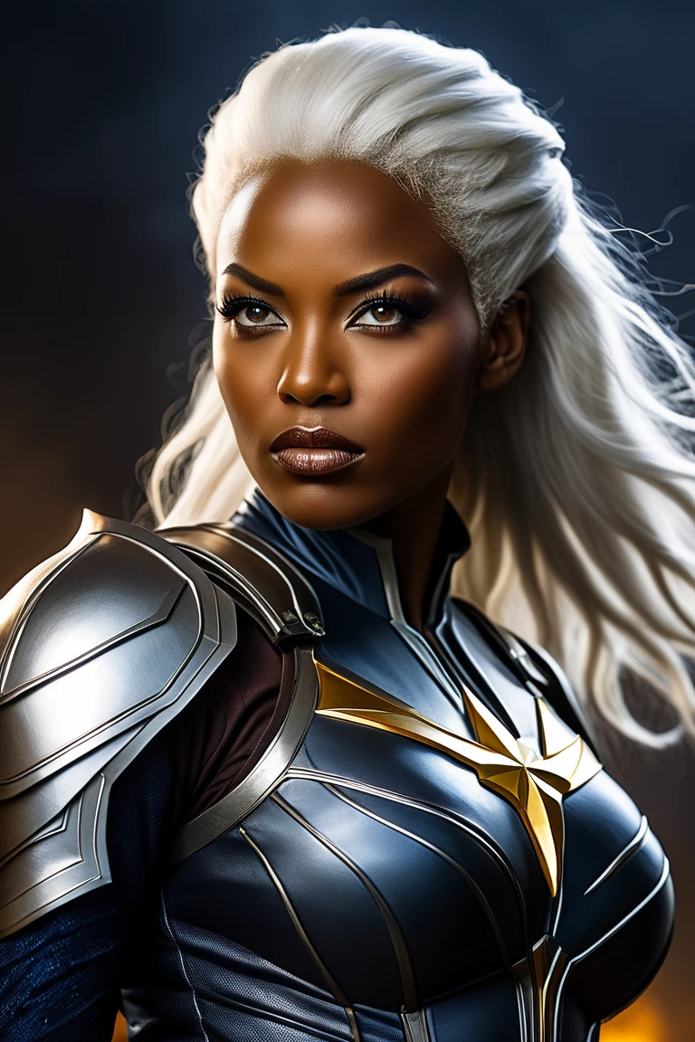 X-Men Storm, (black female), (African), dark skin) (silver long hair)), UHD, super detailed, sexy physique, arms at waist height, wide hips, large breasts, perfect body, sexy stance,((dressed in black) and gold body armor)) cyberpunk,SteelHeartQuiron character,elina,lun4,photo r3al <lora:cyborg_style_xl:1>