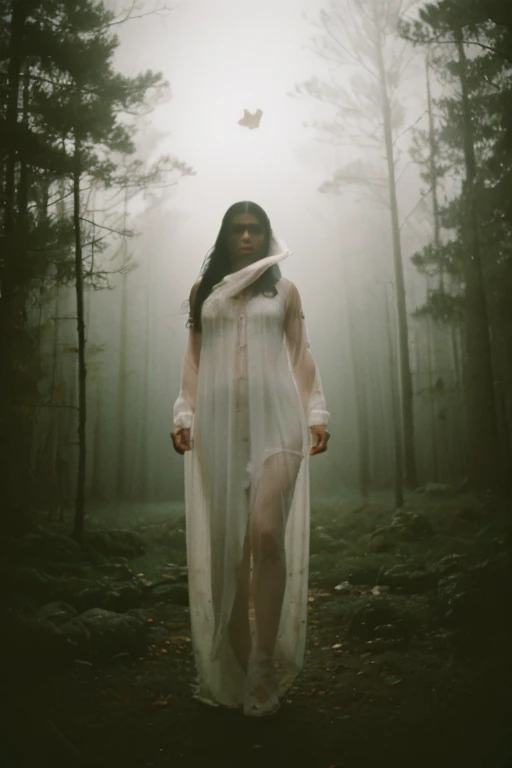 a transparent spooky ghost of woman wearing white with blood stain on the fabric, no legs, no feet, floating on air, flying far away in a haunted forest, ethereal, misty, glowing, long black hair, pale white skin, surrounded by wispy fog, moonlight shining through the trees, moody atmosphere, dark forest, mysterious, (best quality,8k,highres,masterpiece:1.2), ultra-detailed,photorealistic,photo-realistic:1.37,dramatic lighting,cinematic, film still in 1989