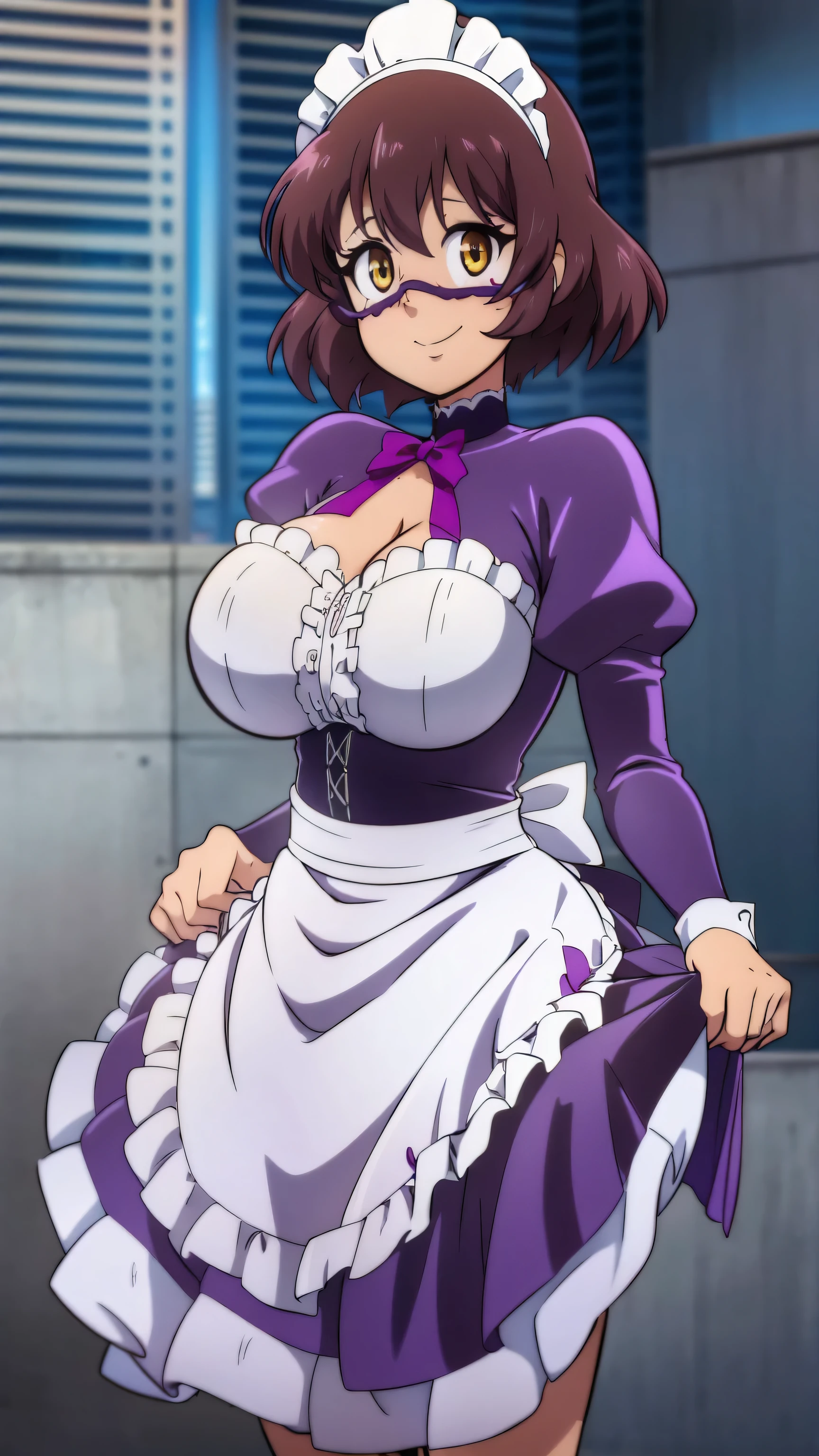 A happy maid woman beautiful big breasts beautiful sexy cute attractive big dark brown hair disheveled cut her light yellow eye big eyelashes dresses purple maid top shows her navel and dresses metallic purple maid skirt She looks at box a white mask smiling