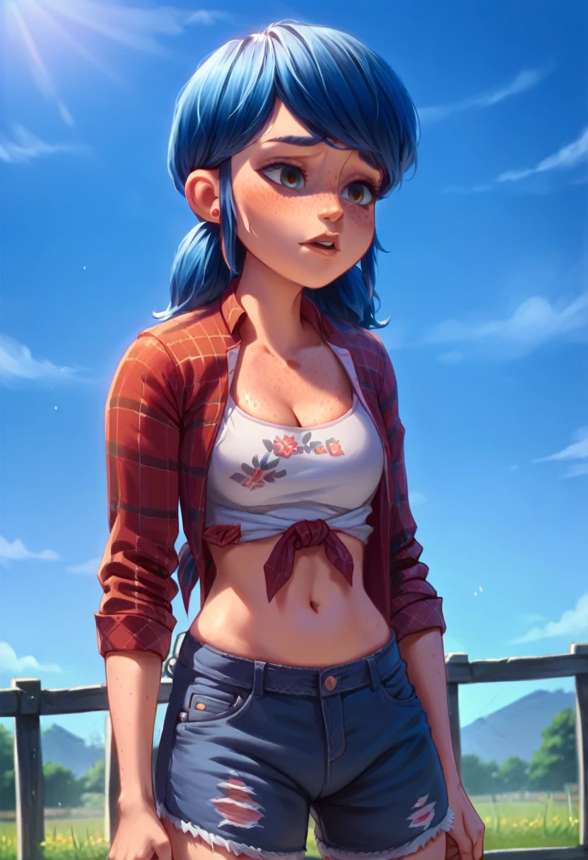 1girls deep blue hair cleavage cowboy hat denim shorts earrings farm farmgirl female female focus female only fence freckles freckles on breasts freckles on face leaning midriff plaid plaid shirt ranch ranch girl ripped pants ripped shorts shorts solo solo female tied shirt