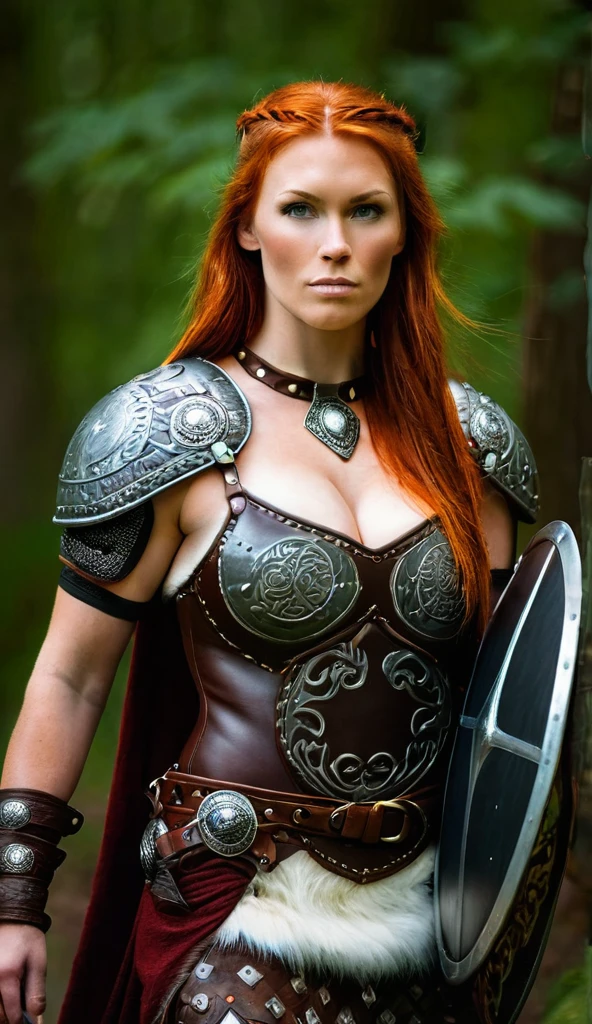 Beautiful viking woman holding shield red hair extremely sexy clothes, large firm breasts, toned muscles, wolf skin on armor, abdomen and pectoral visible