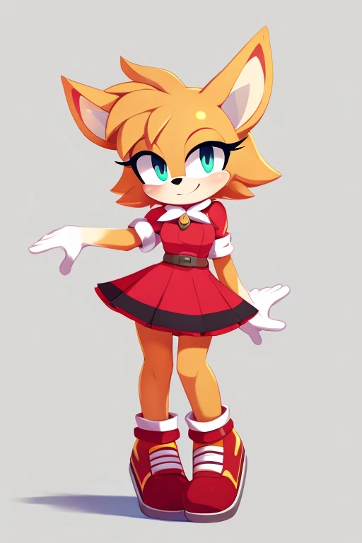Skyler Starburn the mobian fox, golden hair, red dress, black long gloves, ladies shoes, red lipstick, full body view, tiny toons style