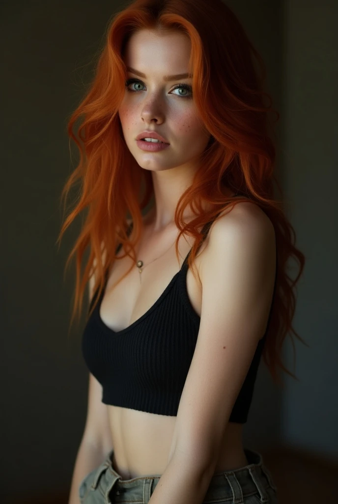 ultra realistic, photography, long red hair, girl, 20 years old, hourglass figure, perfect body, Flirty look, enhanced breasts, beautiful nipples, blur background, in the bedroom, she is laying on the front on her bed, she is facing the camera, nice round ass shown, front shot, red silk bedsheets, she is naked,