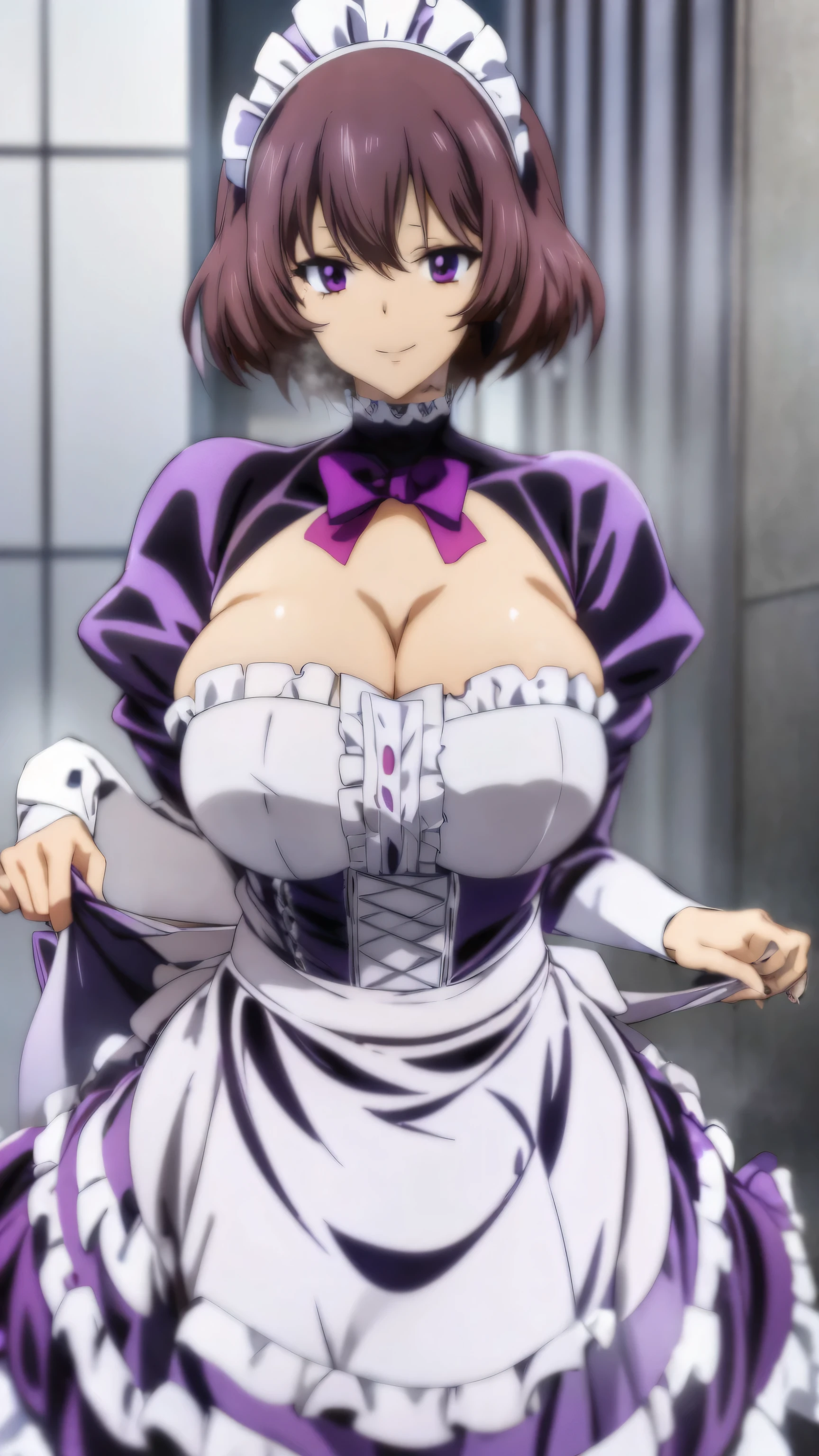 A happy maid woman beautiful big breasts beautiful sexy cute attractive big dark brown hair disheveled cut her light yellow eye big eyelashes dresses purple maid top shows her navel and dresses metallic purple maid skirt She looks at box a white mask smiling in her serious way