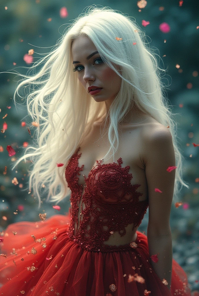 A girl with long white hair sitting wearing a silver glove holding her breasts with her hand and wearing a long transparent silver skirt,She will be sitting with her back to me and I want the floor with water and some roses on fire next to the water there will be black and white petals