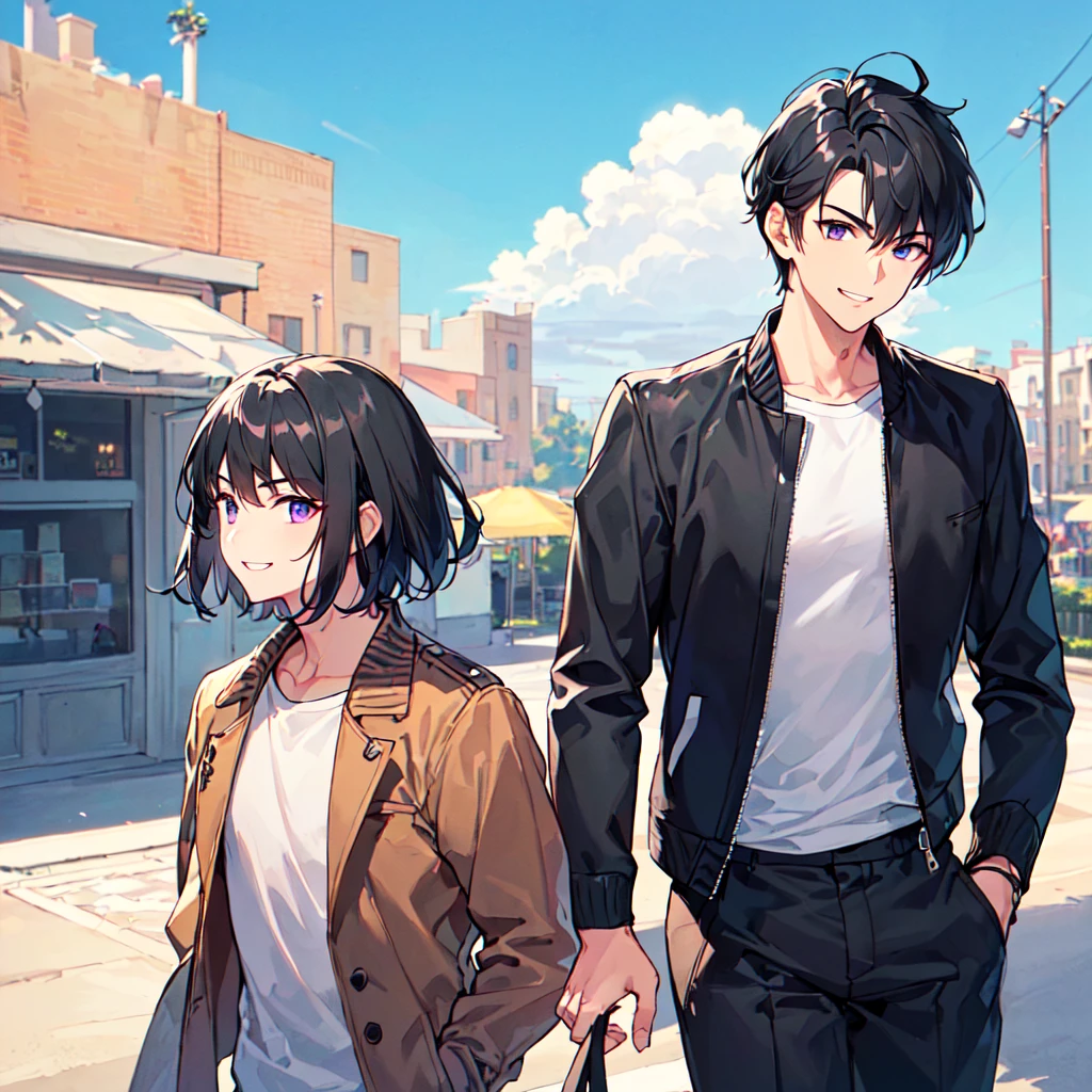 Highest quality、masterpiece、They are standing next to each other in the center of the screen, holding hands、(male:1.2)、A black-haired, muscular man wearing a tank top、白髪筋肉質の服を着た若いmale、I'm shopping、Embarrassed face、Shopping Street、sunset