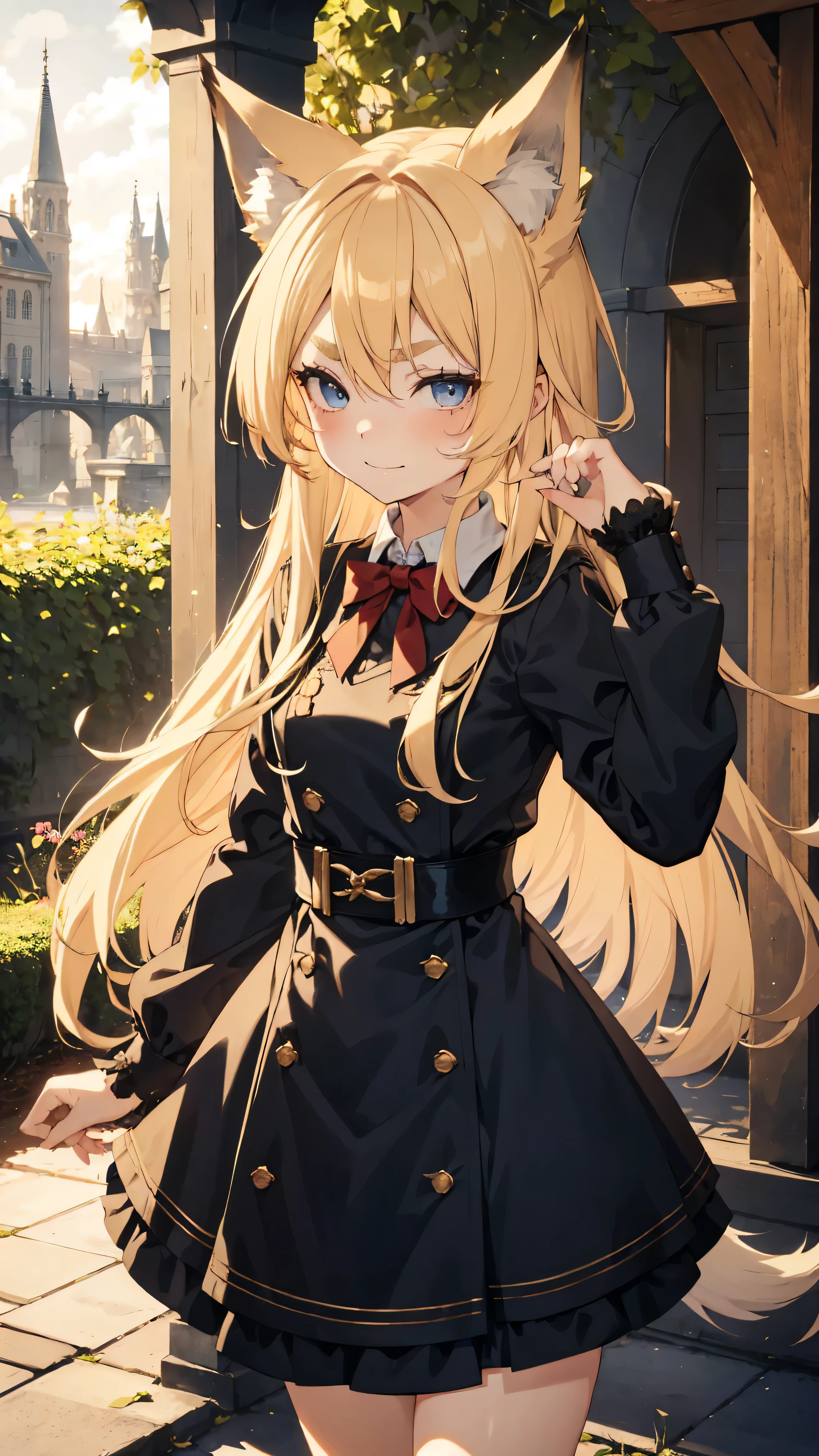 Young girl with blonde hair, very long hair, (blue eyes), ((small bushy eyebrows)), (raised wolf ears), fluffy fox tail, wearing gothic ****ta clothing, ****con, going to school, dull eyes, dull face, going to school, flirtatious smile, small perky breasts, in a park, wide hips, ready to have sex