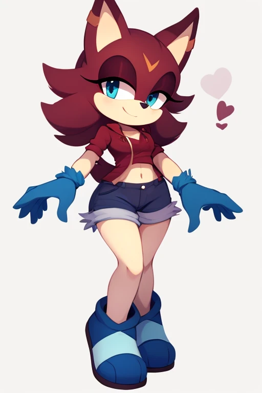1girl, solo, red eyes, Loona, Loona \(Helluva Boss\), Anthro, furry, smug look on face, medium breasts, cleavage, thigh highs, fingerless gloves, Shorts, Crop top