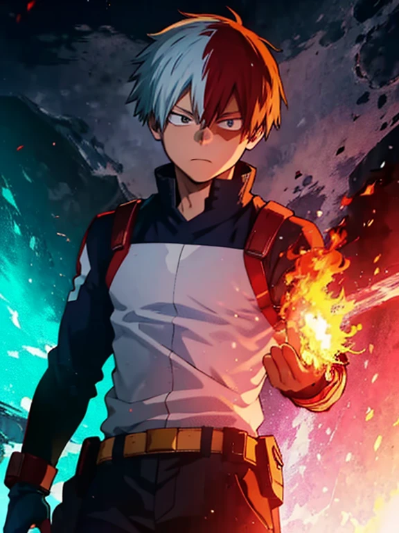 1boy, male focus, Shoto Todoroki, boku no hero academia, injury, half ice,half fire, masterpiece, best quality, very aesthetic, absurdres