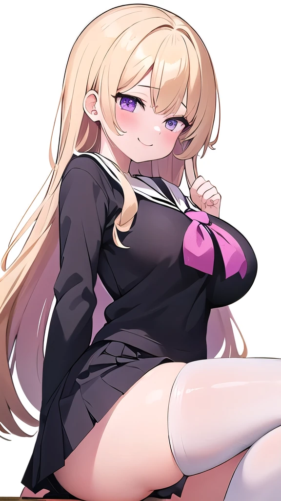   1 girl、,  blonde , Blonde、Long Hair,  curly hair 、 purple eyes ,  1 girl 、classroom、Front、Bitch、Seductive、Big Breasts、 , Pink Lips、morning、 best shadow ,   Best Writing、black and white sailor suit、Mini length、  pleated skirt to expand panties 、Black Knee High、 Naughty Smile 