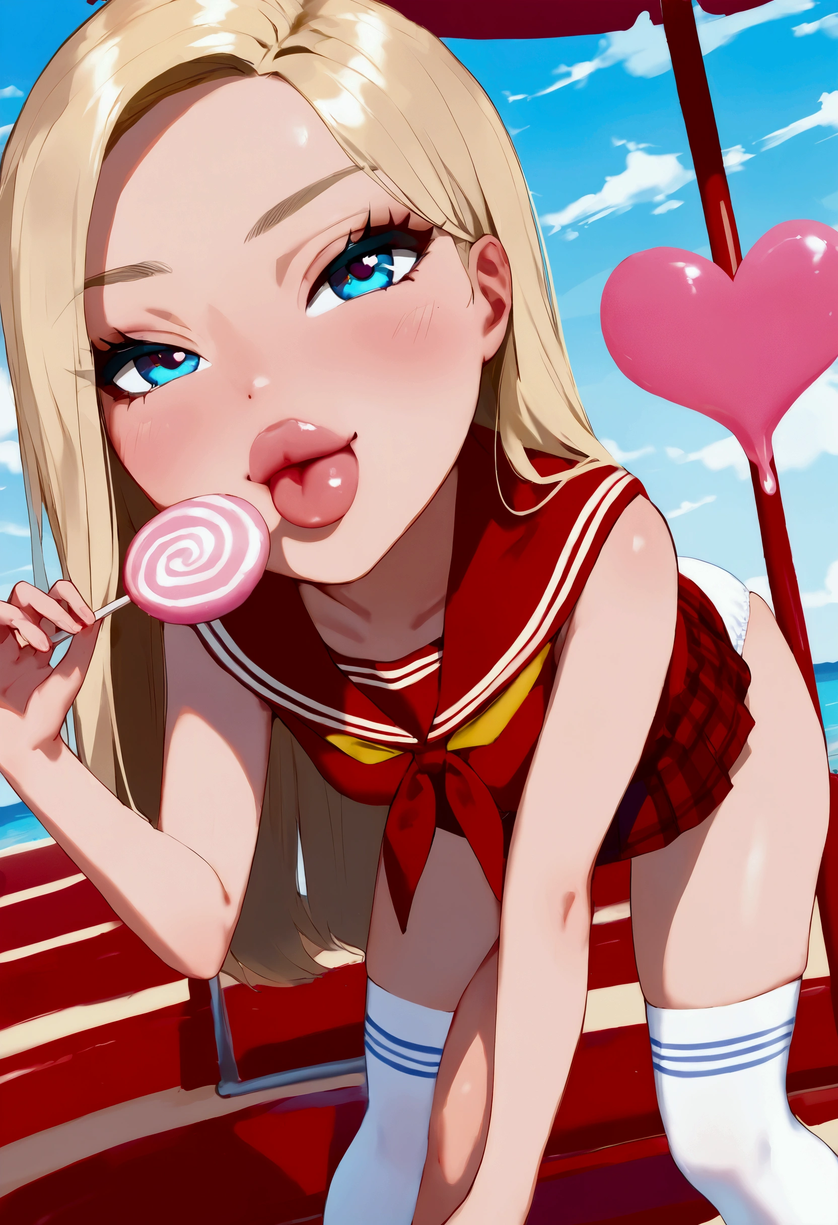 score_9, 1girl, dark-skinned, blonde hair, sailor top, short plaid pleated miniskirt, white panties, white knee high stockings, licking a lollipop, bending over, on top of you, kissy face, in a playground, looking at the viewer, in love, hearts around