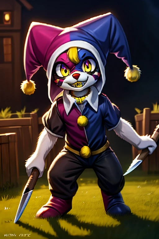 1girl, furry, anime, a furry girl in green and black jester clothes, jester hat, jester makeup, black eyes with small yellow pupils, yellow teeth, evil smile, holding medieval mowing sickle, medieval jester clothes, detailed roundabout background, a mask, a purple shirt, black trousers, a black cape, purple mittens, a lime yellow clown collar around the neck and a black and purple clown cap with two small yellow bells
