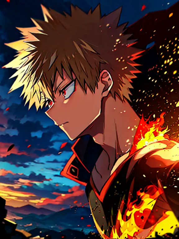 1boy, male focus, Katsuki Bakugo, boku no hero academia, injury, explotion,fire, masterpiece, best quality, very aesthetic, absurdres