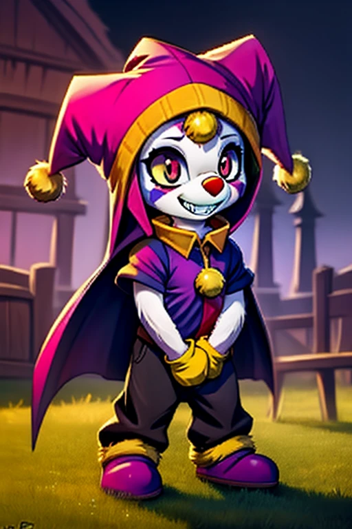 1girl, furry, anime, a furry girl in green and black jester clothes, jester hat, jester makeup, black eyes with small yellow pupils, yellow teeth, evil smile, holding medieval mowing sickle, medieval jester clothes, detailed roundabout background, a mask, a purple shirt, black trousers, a black cape or raincoat, light green slippers, purple mittens, a lime yellow clown collar around the neck and a black and purple clown cap with two small yellow bells