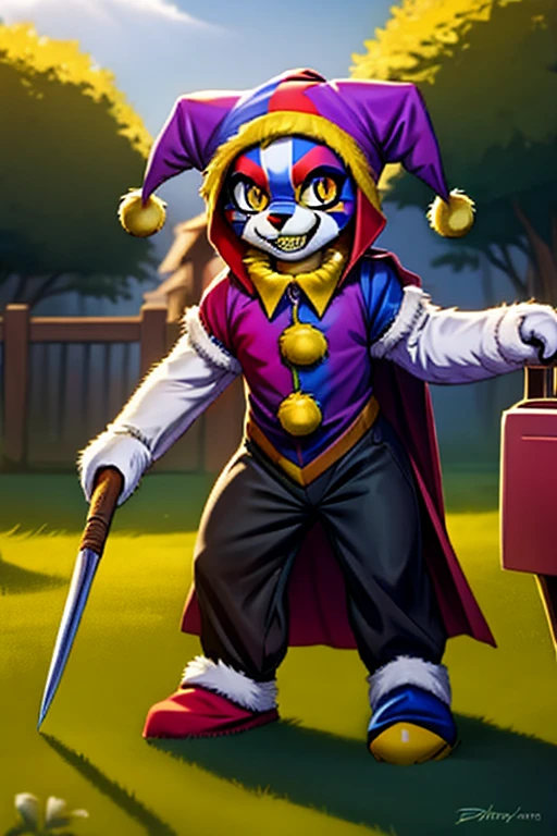 1girl, furry, anime, a furry girl in green and black jester clothes, jester hat, jester makeup, black eyes with small yellow pupils, yellow teeth, evil smile, holding medieval mowing sickle, medieval jester clothes, detailed roundabout background, a mask, a purple shirt, black trousers, a black cape, light green slippers, purple mittens, a lime yellow clown collar around the neck, a black and purple clown cap with two small yellow bells