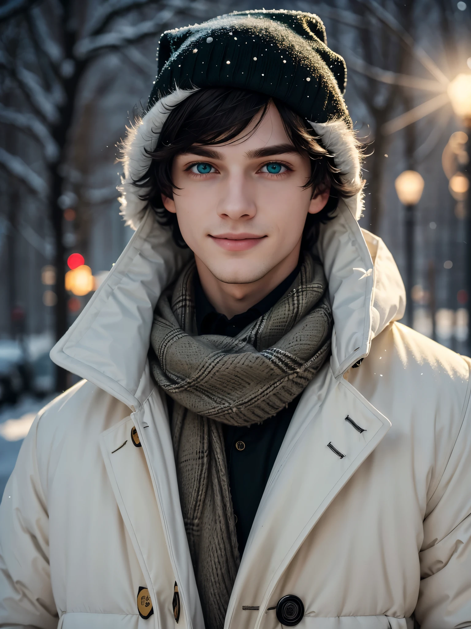 (best quality), 1boy, male, pale skin, black hair, medium hair, curtain hair, tousled hair, green eyes, perfect eyes, dark circles under eyes, light smile, winter hat, winter coat, masterpiece, anatomically correct, highres
