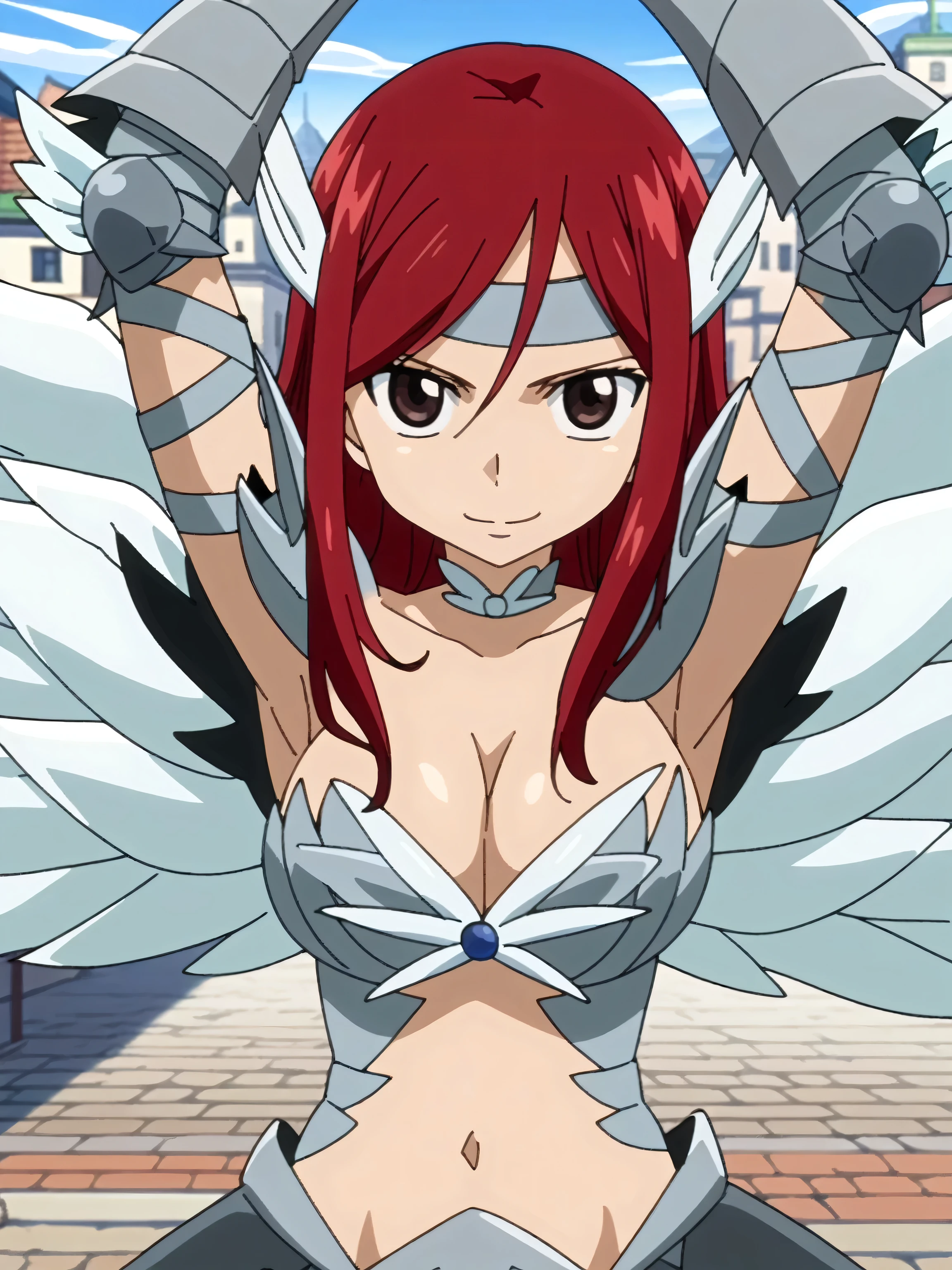 score_9, score_8_up, score_7_up, source_anime, anime screencap, 1girl, solo, Heaven's_Wheel, brown_eyes, red_hair, long_hair, large_breasts, armor, midriff, cleavage, choker, wings, headband, pauldrons, gauntlets, shoulder_armor, navel, armored_dress, arms up, raised arms, armpits, from above, looking at viewer, smile, closed mouth, outdoors, hill, badhandv4