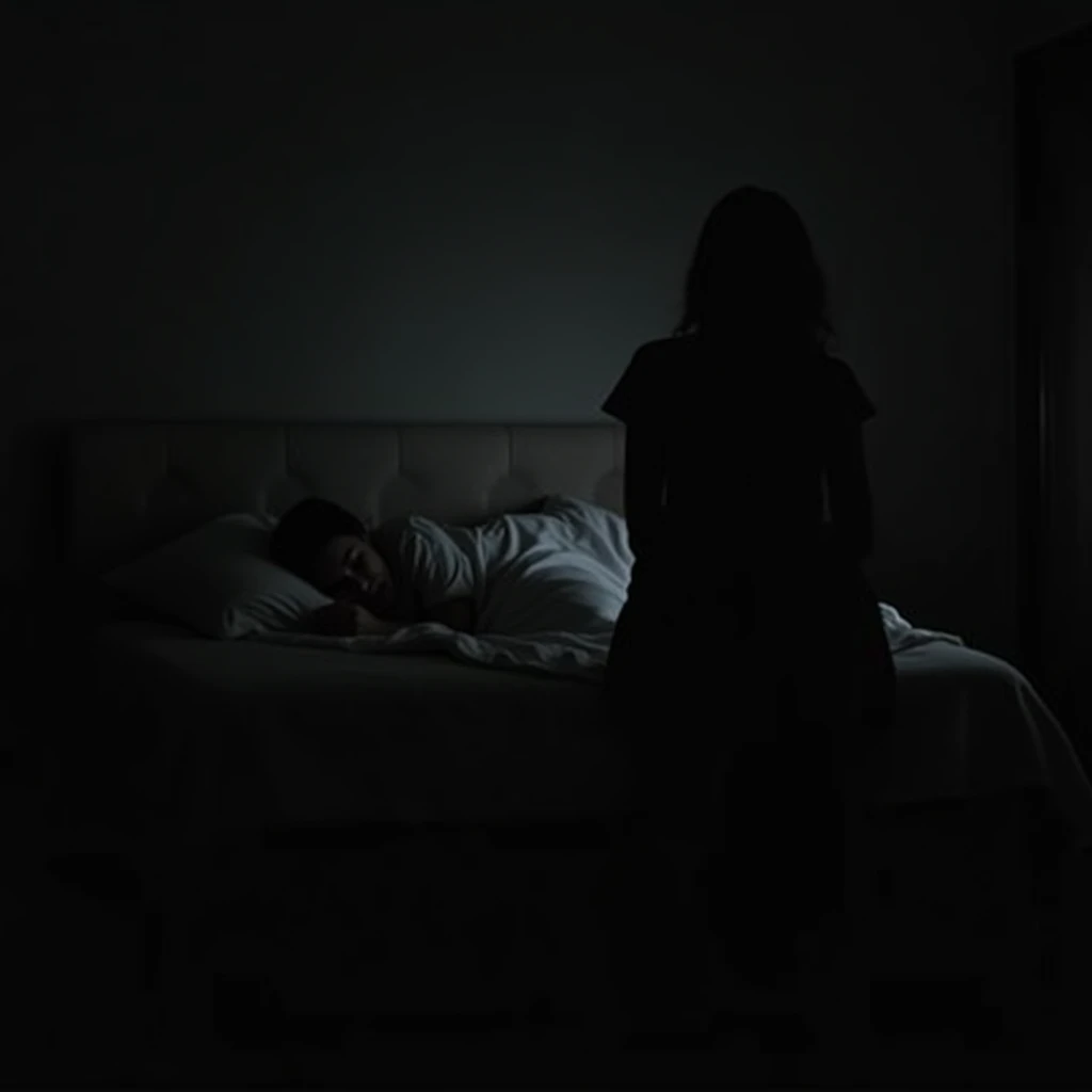 Mulher acordando no meio da noite suada, Pesadelos, Sombras, terrores noturnos, pesadelo, Cursed mirror, sombras imagem realista