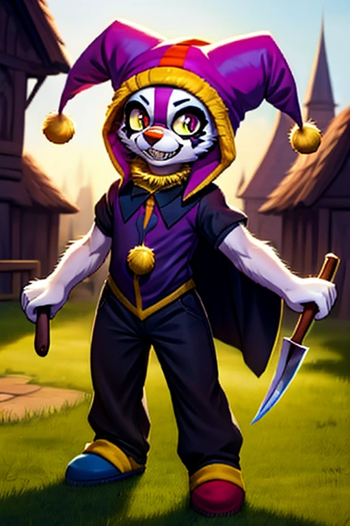 1girl, furry, anime, a furry girl in green and black jester clothes, jester hat, jester makeup, black eyes with small yellow pupils, yellow teeth, evil smile, holding medieval mowing sickle, medieval jester clothes, detailed roundabout background, a mask, a purple shirt, black trousers, a black cape, light green slippers, purple mittens, a lime yellow clown collar around the neck, a black and purple clown cap with two small yellow bells