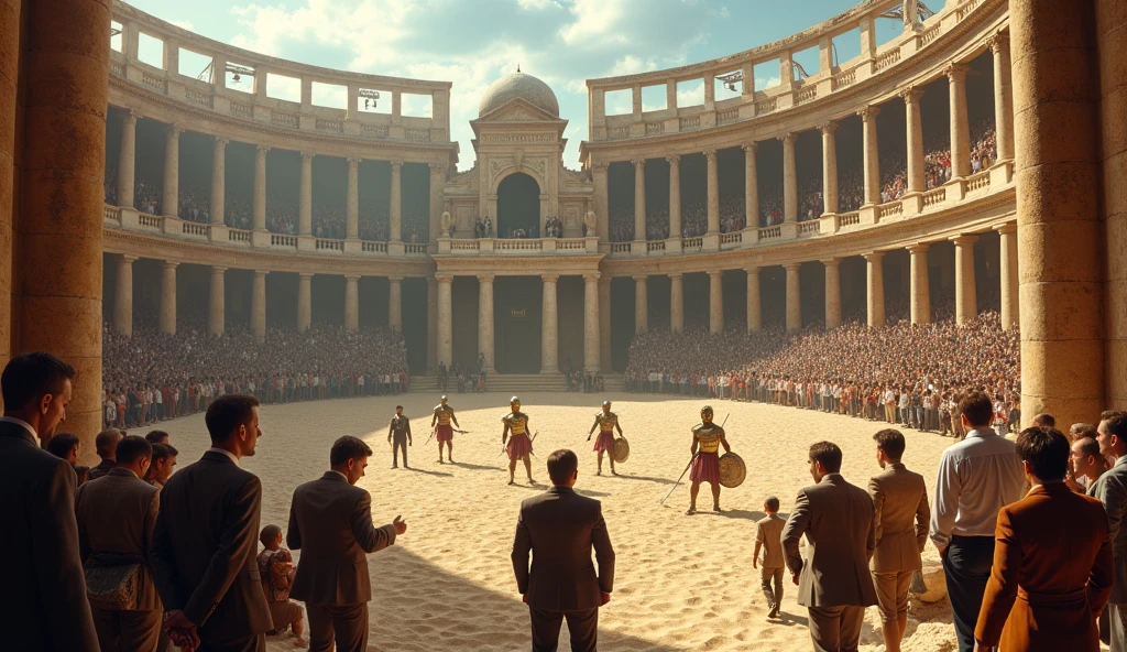 Generate a Roman gladiator arena , mixed with an environment of vendors ...